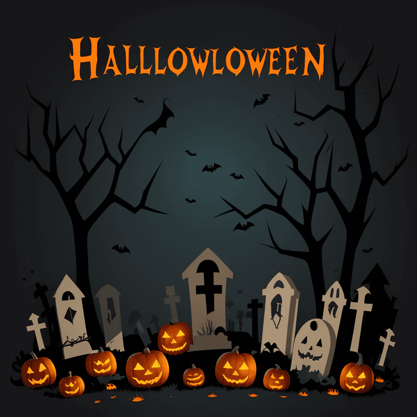 AI generated: halloween horrible graveyard scene in flat design