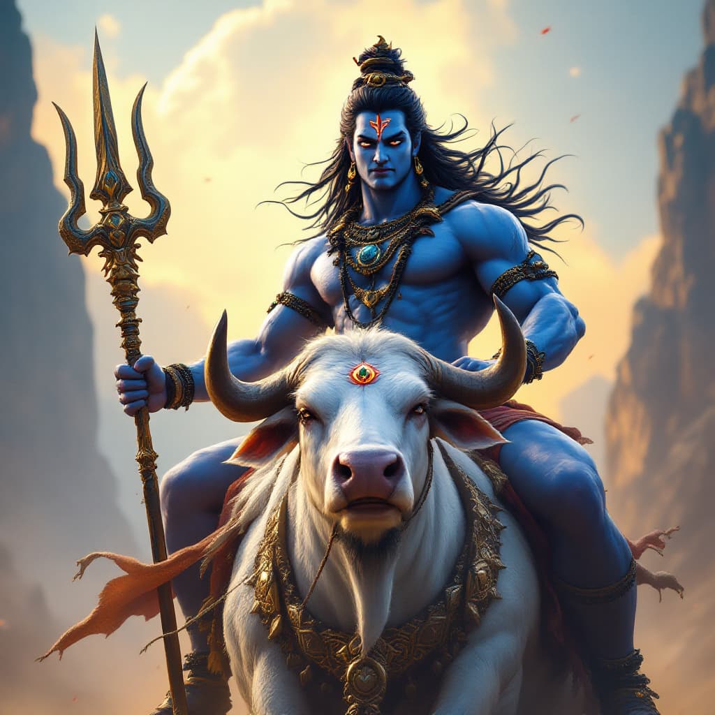 AI generated: A Full Body photo shot of a blue muscular lord shiva with his massive trident, riding on his majesti...