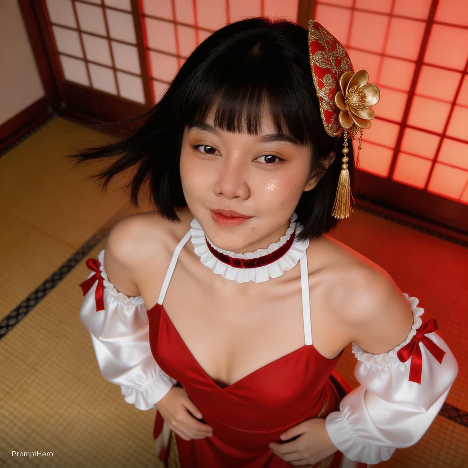 AI generated: A highly detailed, photorealistic, cinematic vertical medium shot of a stunning young East Asian wom...
