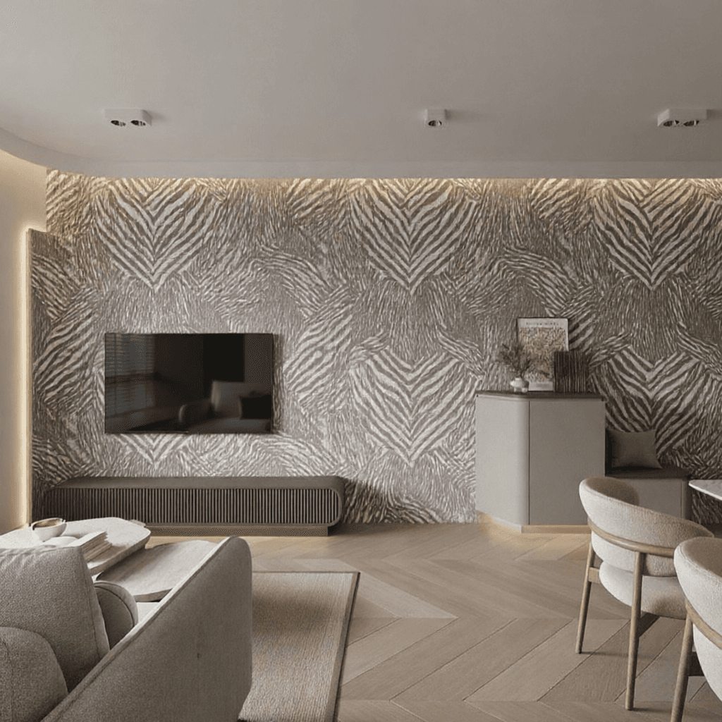 AI generated: replace the grey wall in the 1st photo to the pattern in 2nd photo