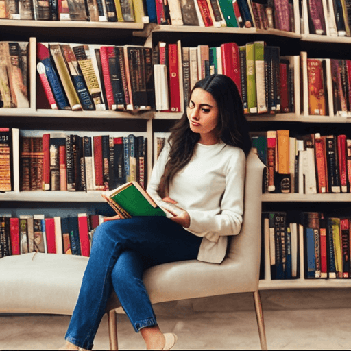 AI generated: Create a 20-something year old Latina woman reading a book in a small bookstore. And make sure the b...