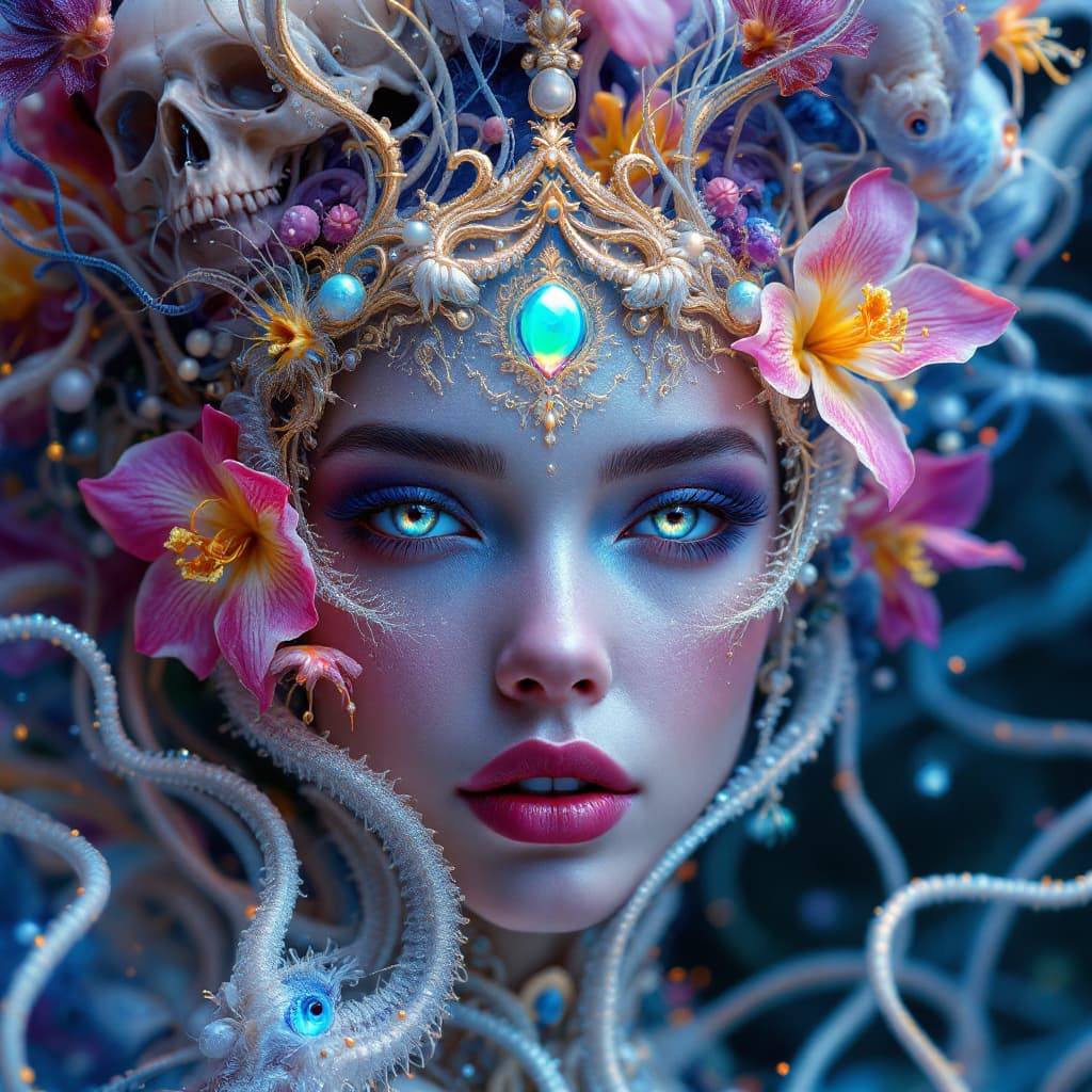 AI generated: Goddess close-up portrait ribcagel. jellyfish phoenix head, nautilus, orchid, skull, betta fish, bio...
