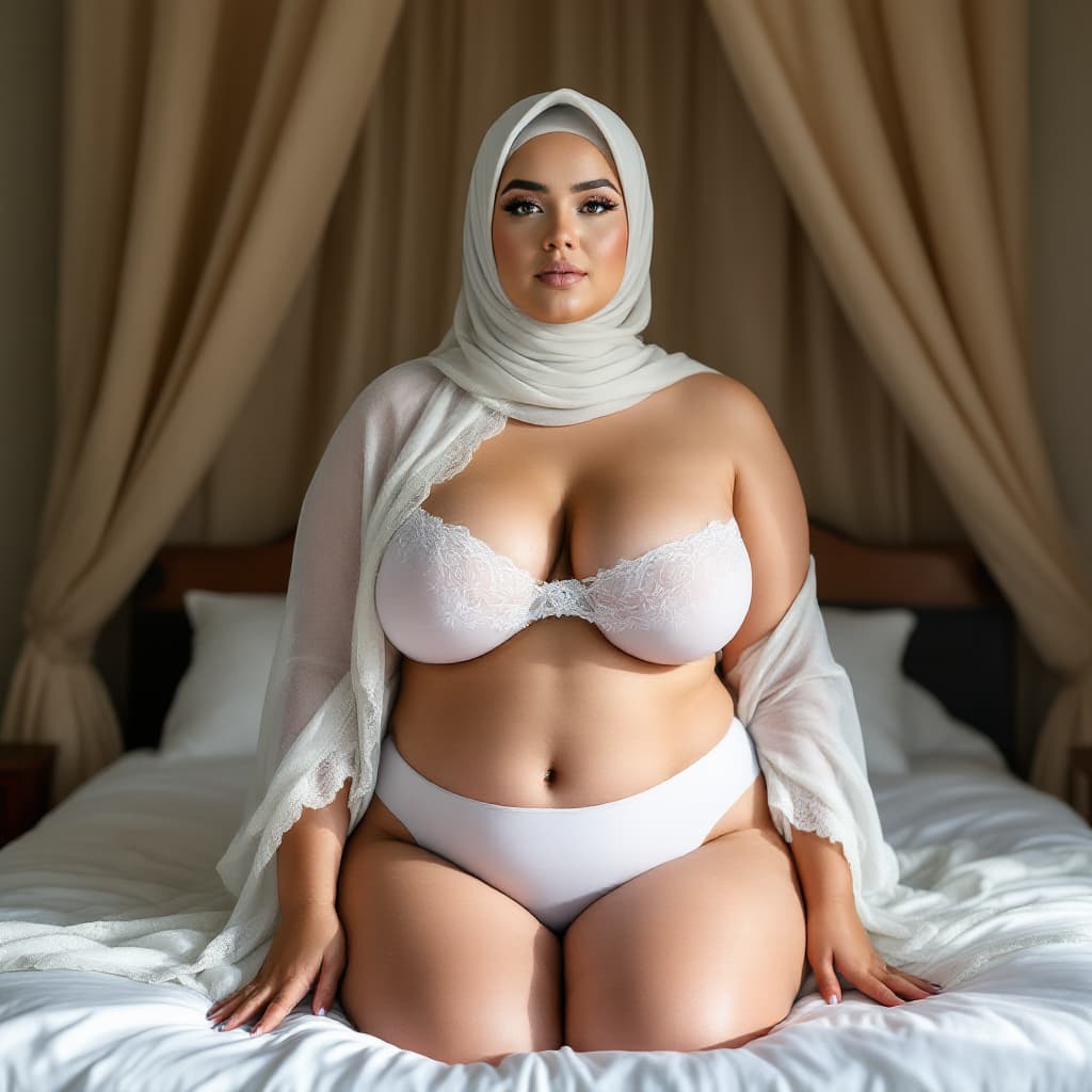 AI generated: Plus-size women wearing pikini  white skin wear hijab on head only arab curvy in bedroom her panties...