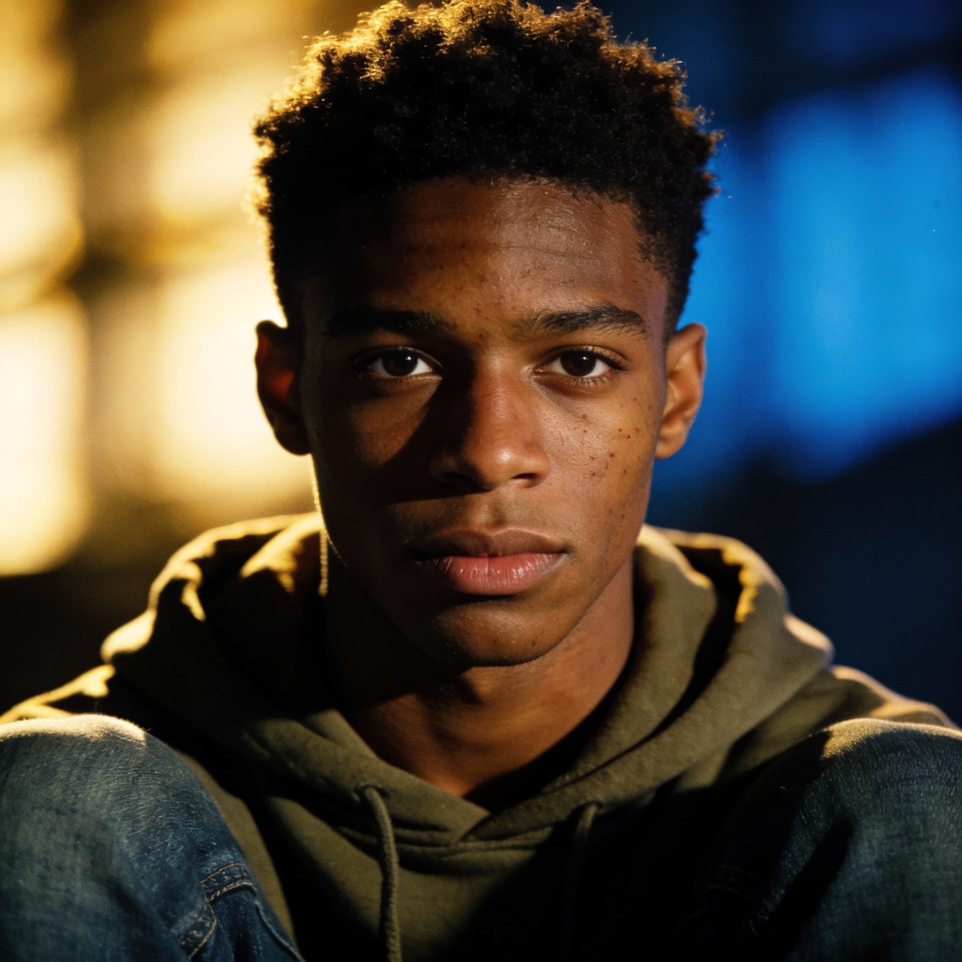 AI generated: Ultra realistic cinematic portrait of Marcus Reed, 20 year old Black man, dark brown skin, short afr...