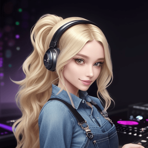 AI generated: Pretty female DJ with black headphones on her head, hair in a modern long ponytail, blonde wavy hair...