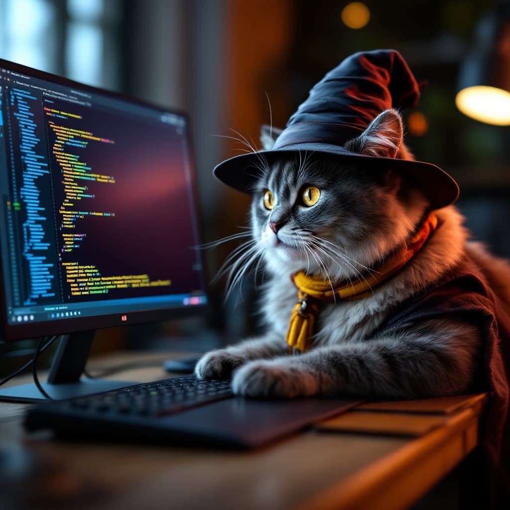 AI generated: grey cat wearing a harry potter hat and programming in javascript in its ultramodern computer