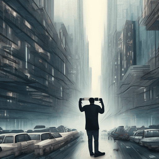 AI generated: man holding smartphone, busy city, dystopian