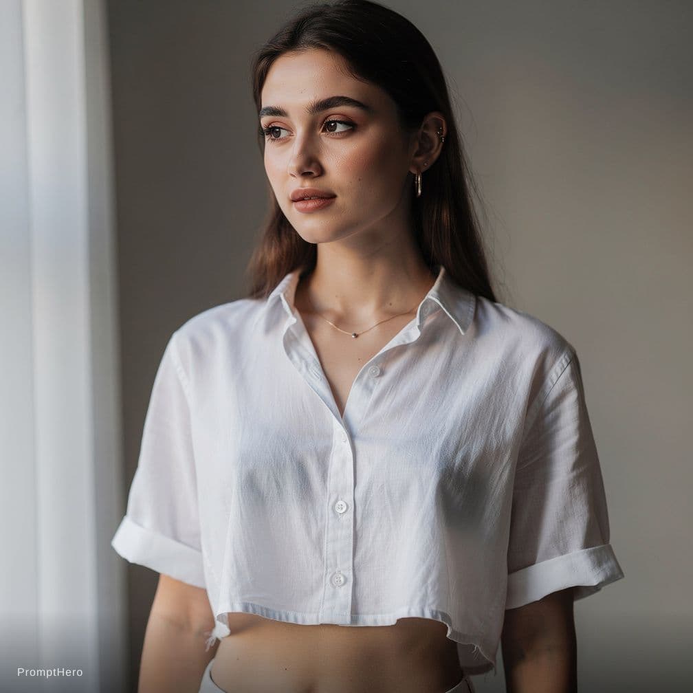 AI generated: Generate an image of a woman wearing a crop top white button shirt, with no clothing below her waist...