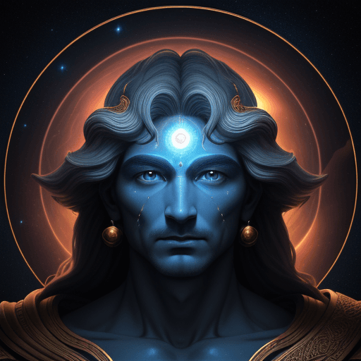 AI generated: god of universe, complete body, complete face, with universe in the eyes, sorround by planets, hiper...