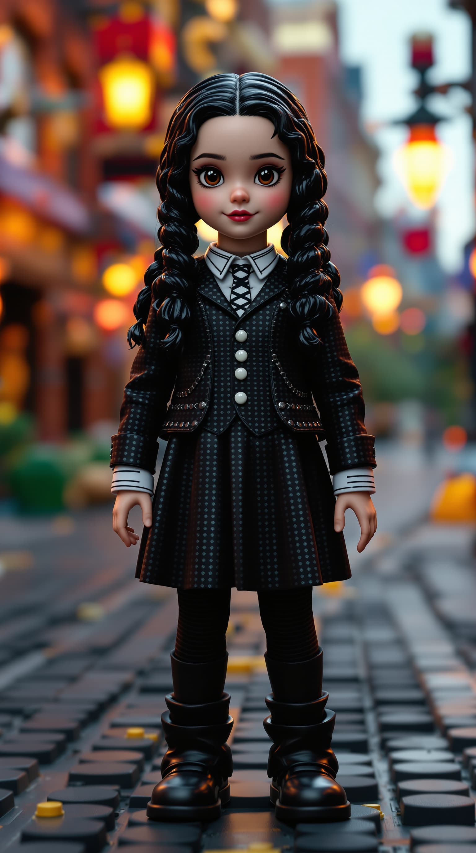 AI generated: A hyper-realistic depiction of Jenna Ortega as a ten year old Wednesday Addams dressed in the style ...