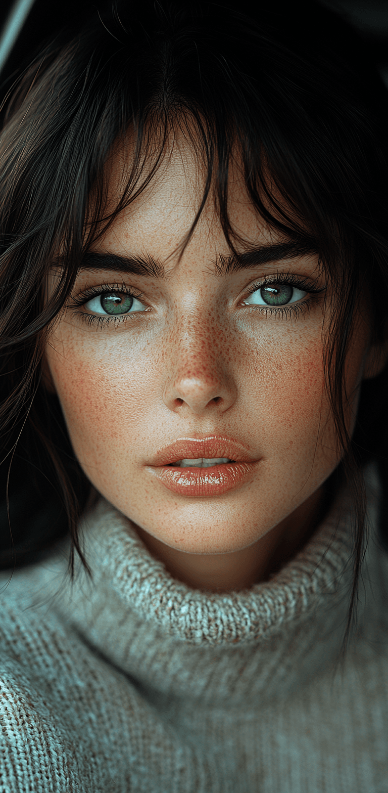 AI generated: hyper-realistic photo of a beautiful woman inside a car, with green eyes and dark hair, staring at t...
