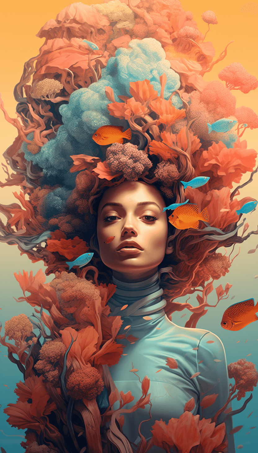 AI generated: Illustration of autumn, Portrait, Coral reef background, Mountain adventure theme, Pastel, Tritone, ...