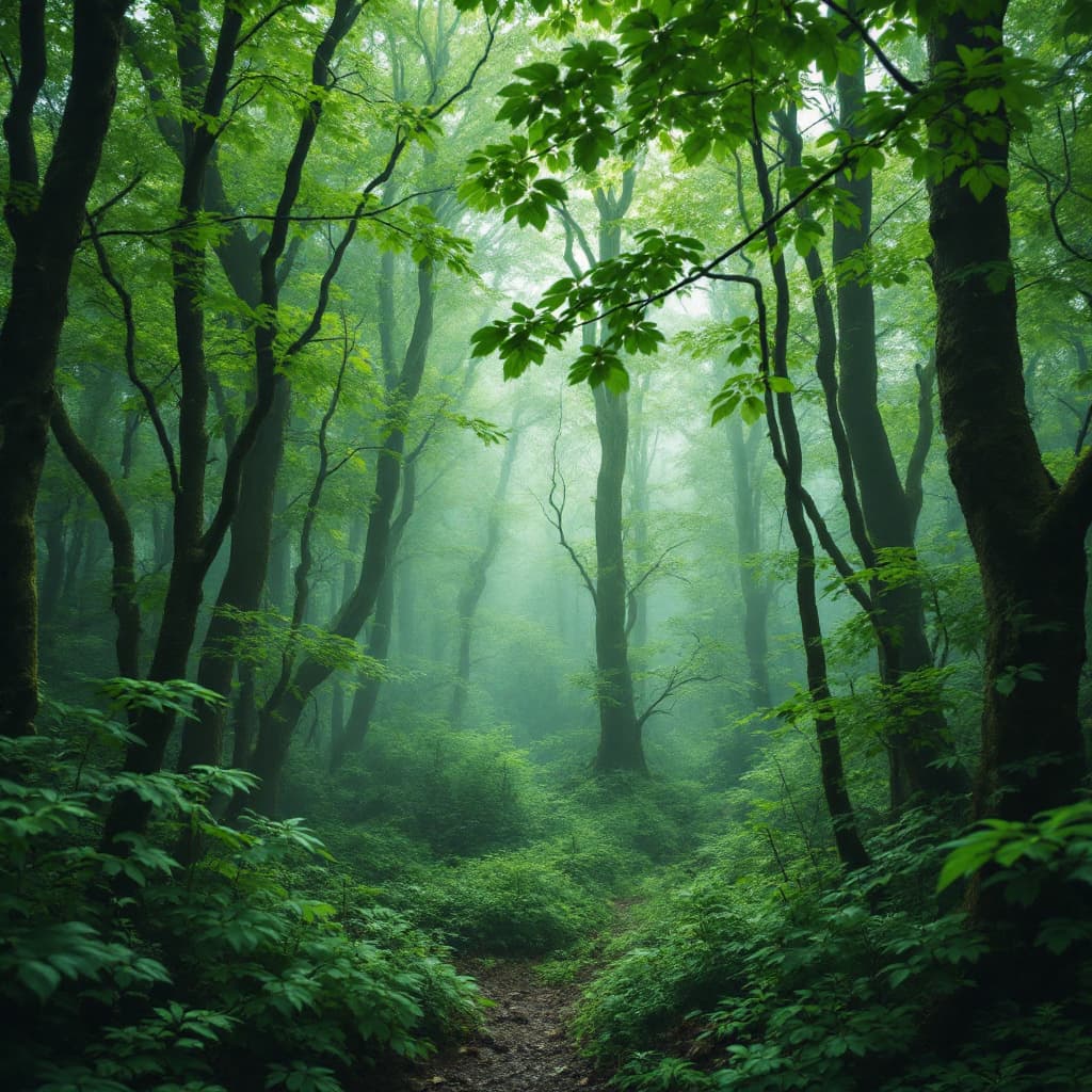 AI generated: A forest of light green and very leafy trees with fog and a blurred green filter, evokes beauty, laz...