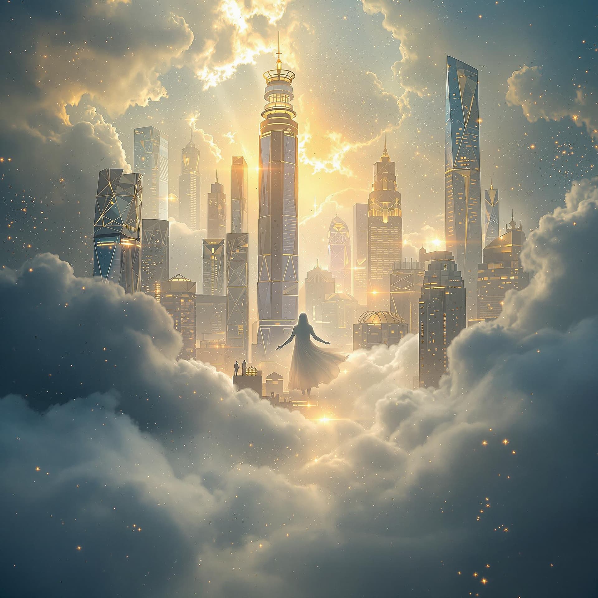 AI generated: A fine art, hyper-realistic, cinematic image of God's golden city of heaven spread out, modern build...