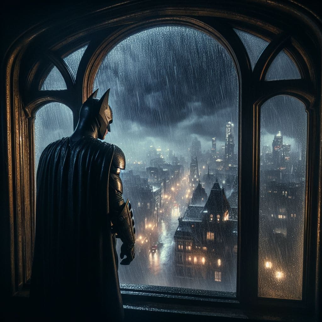 AI generated: panned out camera shot 35mm, batman looking out a gothic mansion window high above gotham city, rain...