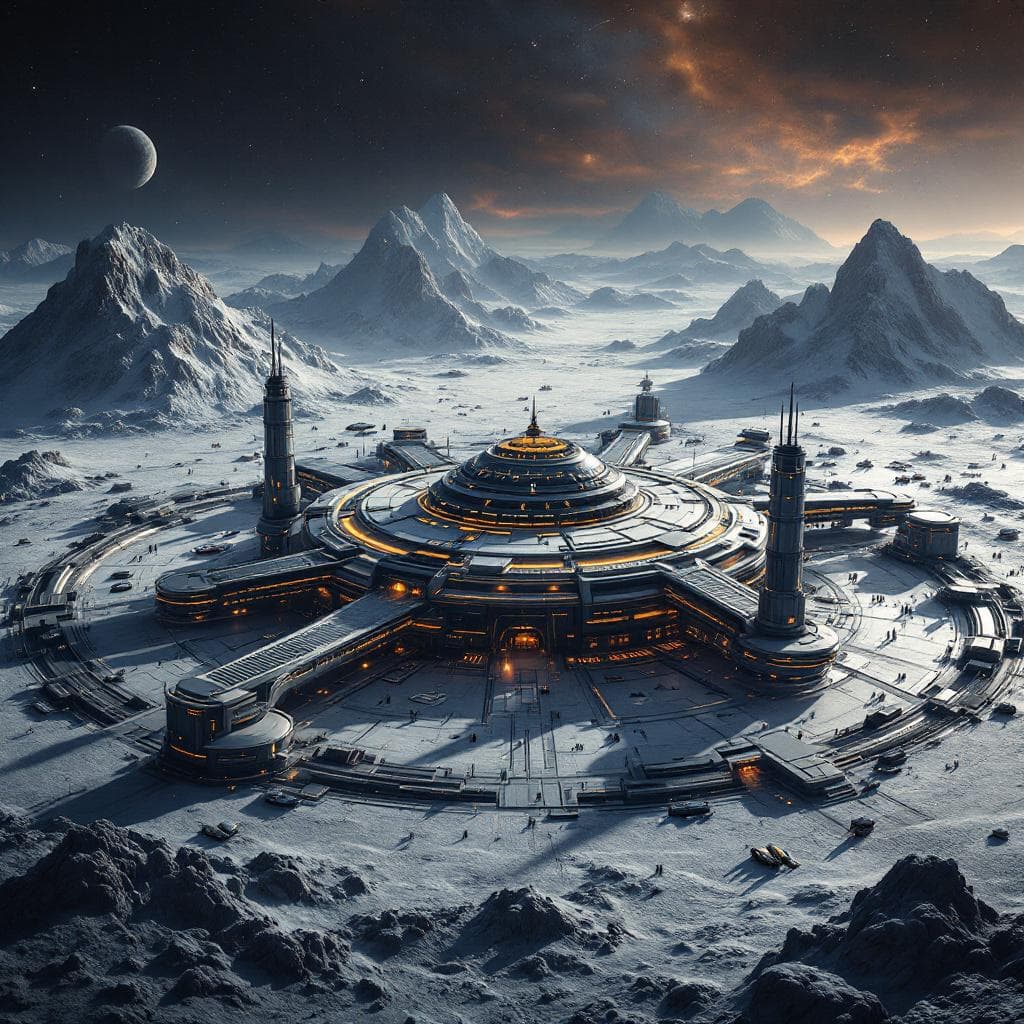 AI generated: Create a Moon Base, an installation. It's a huge scientific/military base City that sits on the surf...