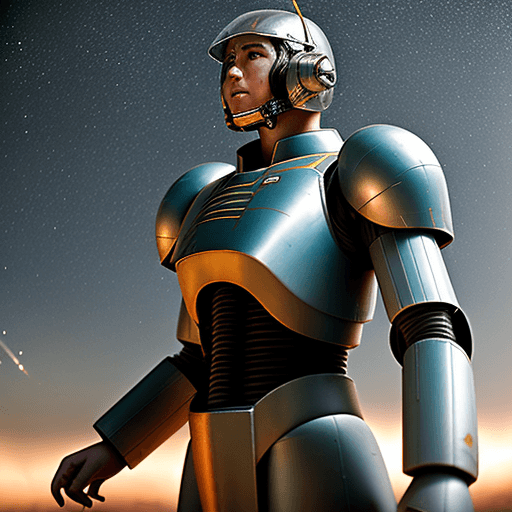 AI generated: Soft focus photography, giant pilot warrior, galactic battle, futurecore, --ar 9:16