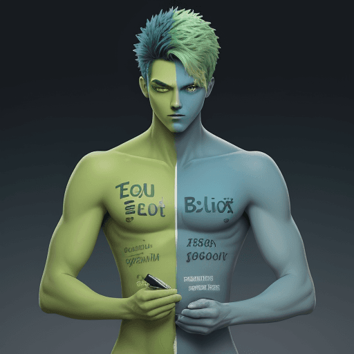 AI generated: character with green colors gradient to blue with “EVOFLUX” writing on the torso with accounting too...