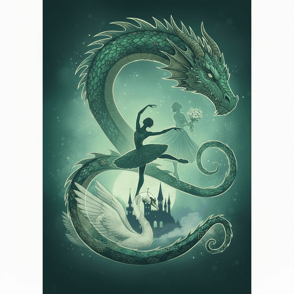 AI generated: make the swan Odeta Odilya bigger and slithly transparent, move the swan behind the dragon, DONT cha...