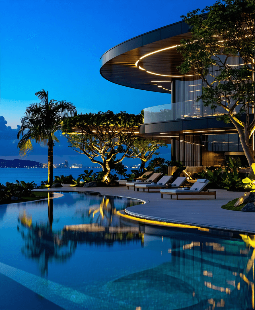 AI generated: Ultra-high end photo cinematic / realstic for exterior high end international resort / blue hour / c...
