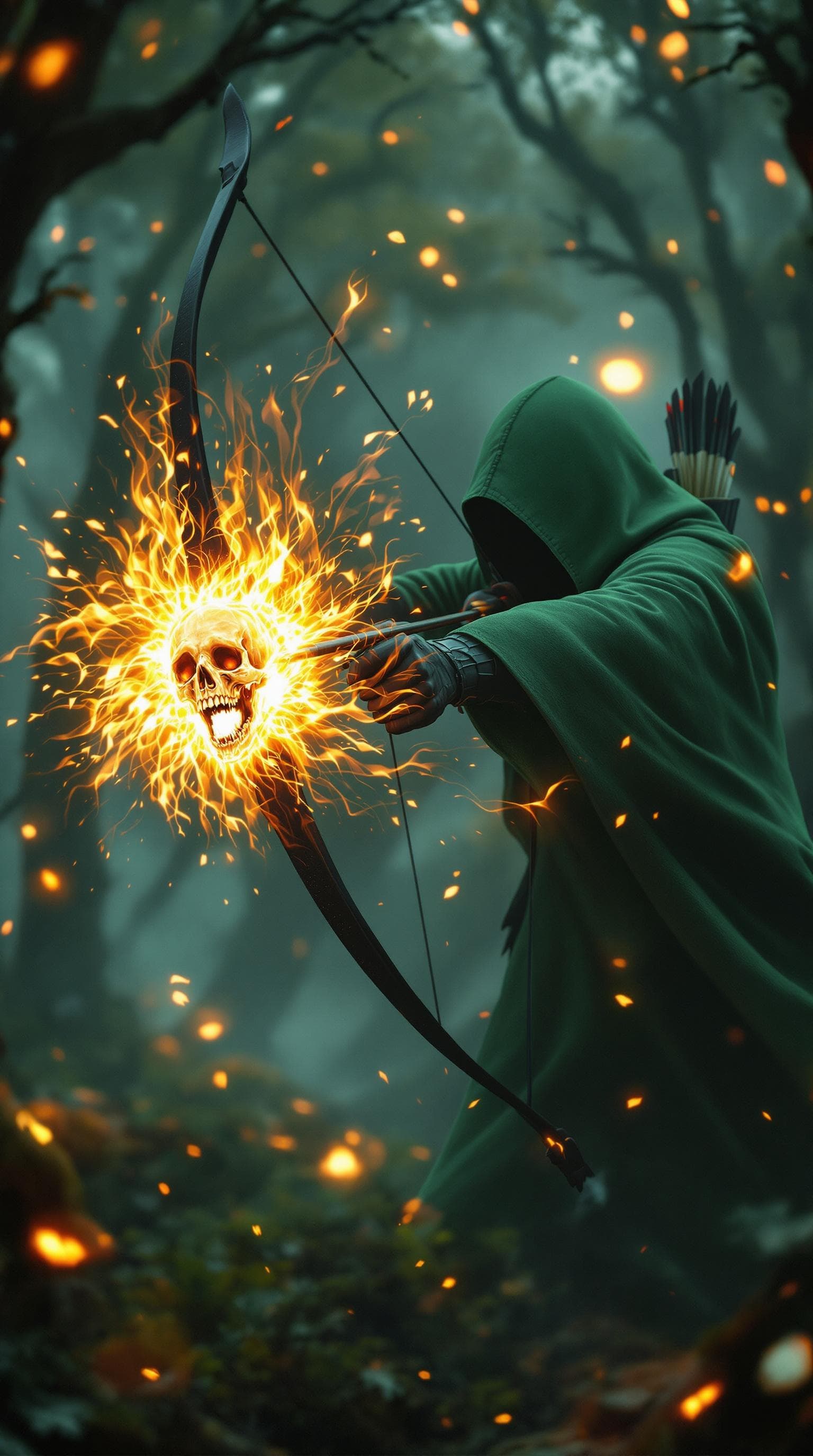 AI generated: "Create a cinematic, hyper-realistic image of a faceless hooded figure wearing a green hooded robe, ...