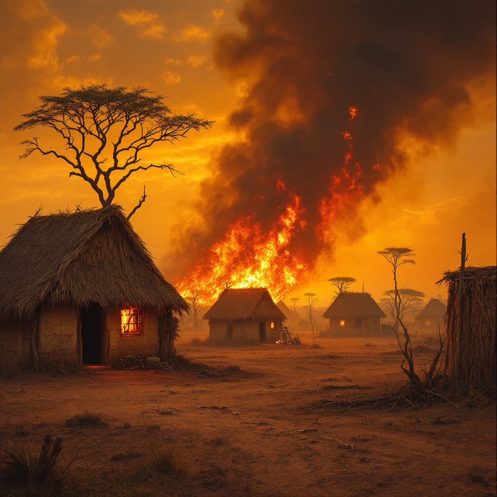 AI generated: AN AFRICAN VILLAGE THAT CATCHES FIRE