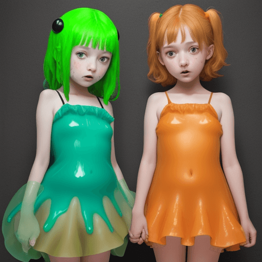 AI generated: 2girl 9 years old have sex, ((loli, flat brests)), orange and green blue soaked ((separate dress)) w...