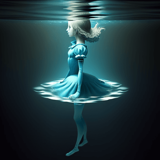 AI generated: alice floating horizontally under water.
realistic, not creepy
looking towards the top
 arm pointing...