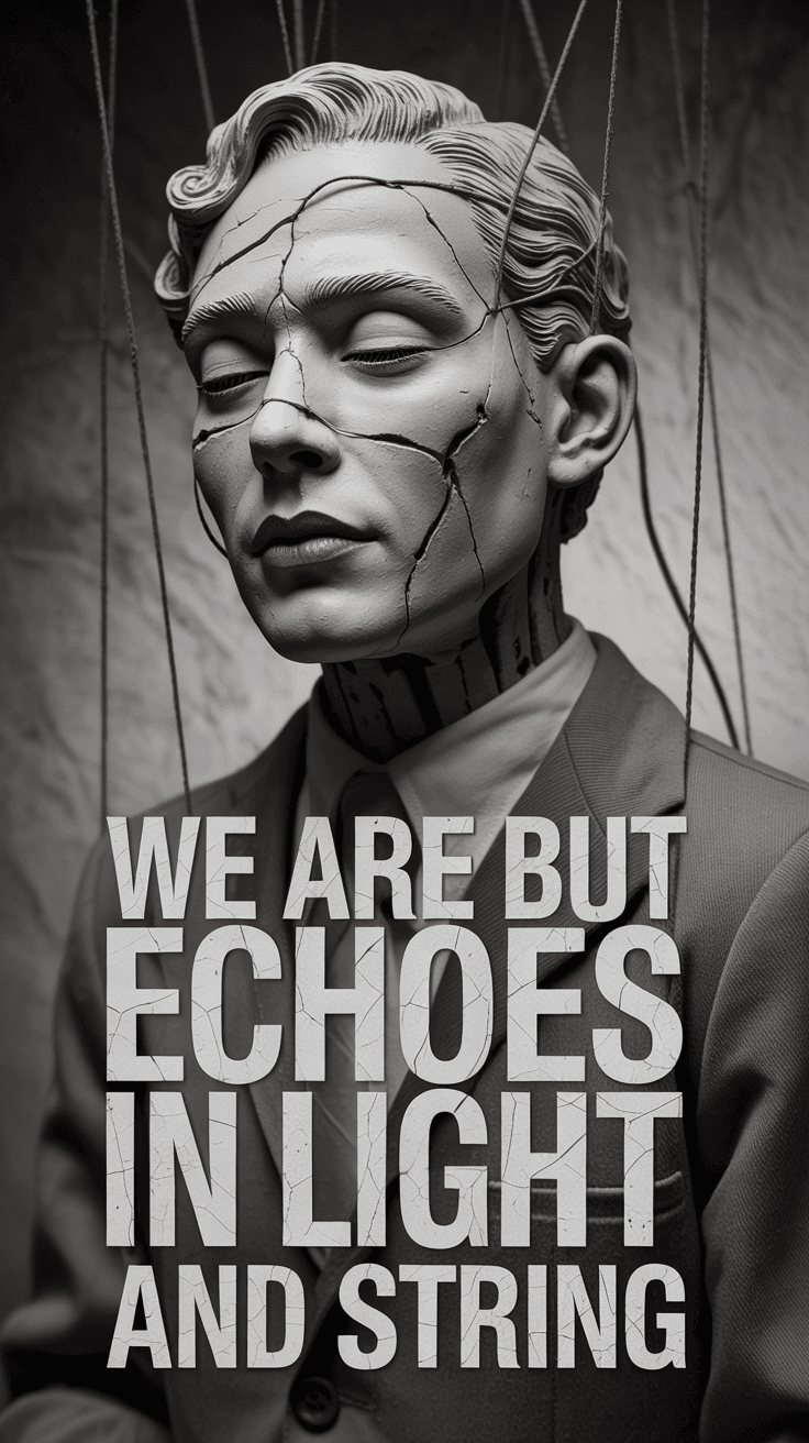 AI generated: A grayscale marionette-like figure with decayed textures, closed eyes in blissful agony, twisted str...