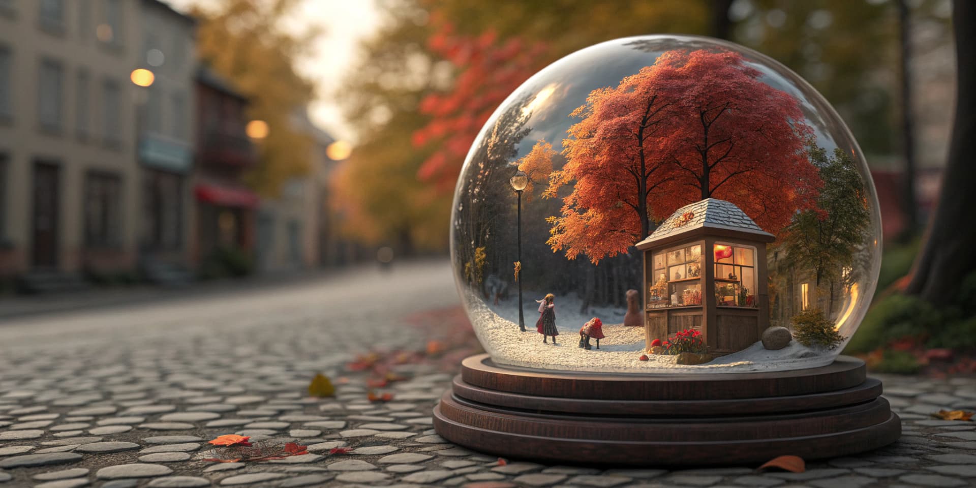 AI generated: A snow globe contains a vibrant scene of a miniature autumnal landscape, with trees in fiery reds an...