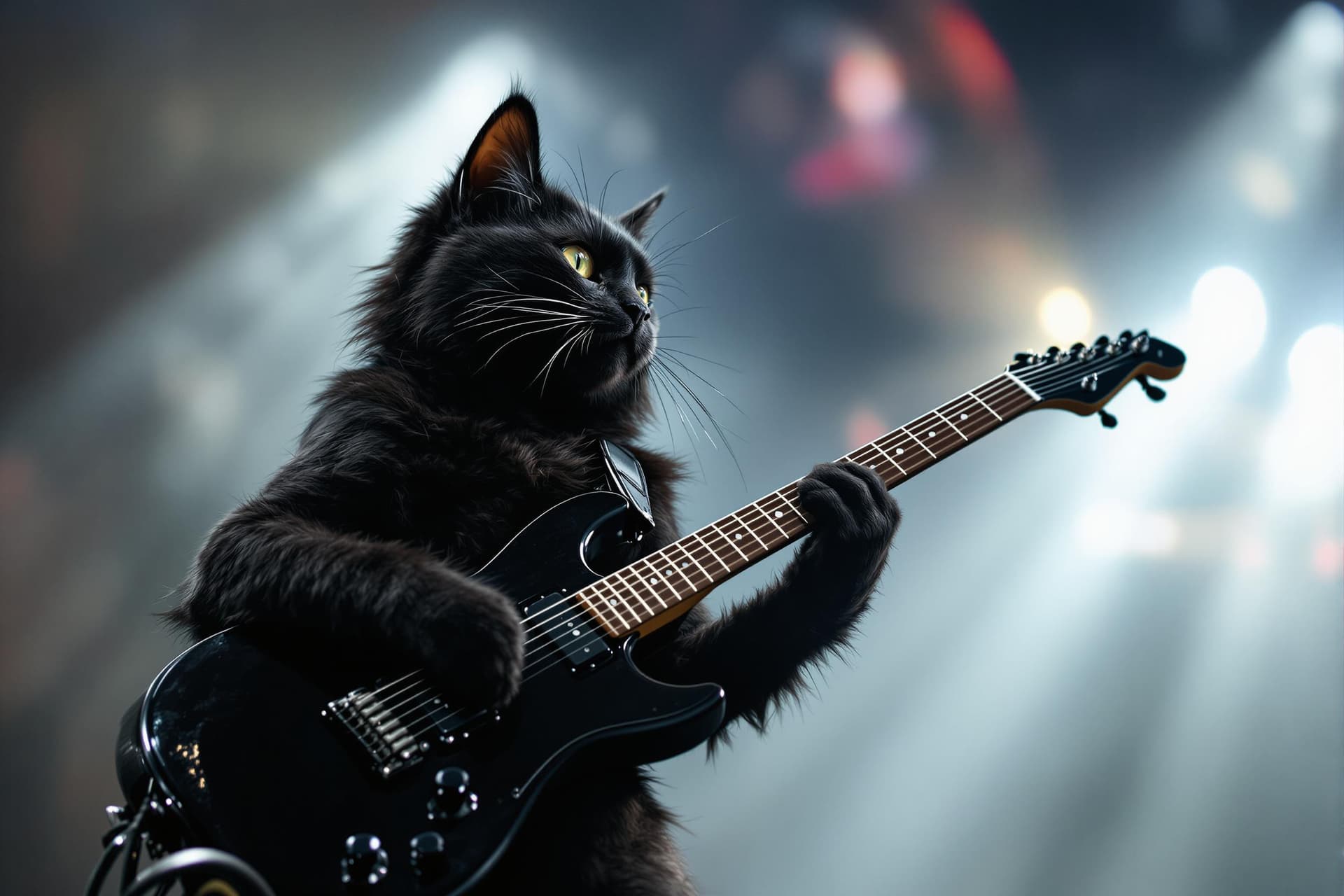 AI generated: Real photograph of a black cat playing an electric guitar, the cat looks like a rocker, it is on a r...
