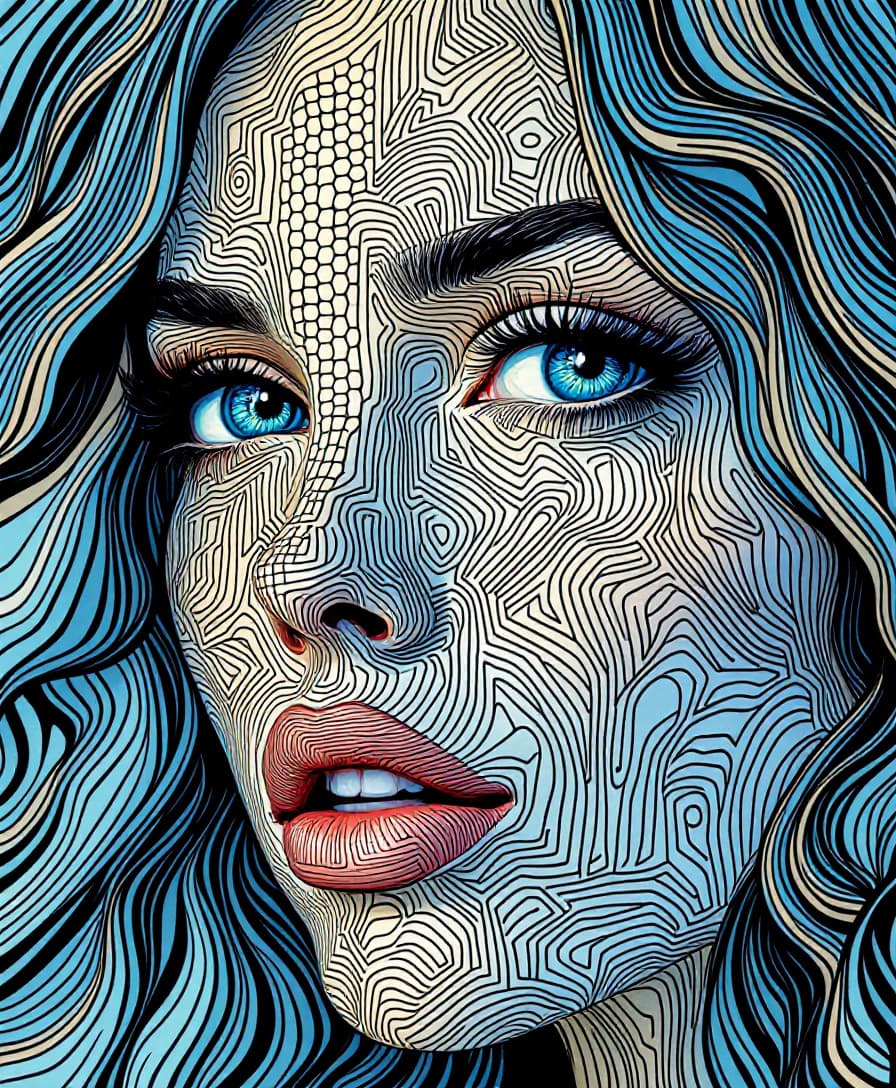 AI generated: doodle art 3D, in the style of pop art-inspired portraits, interference patterns, light sky-blue and...