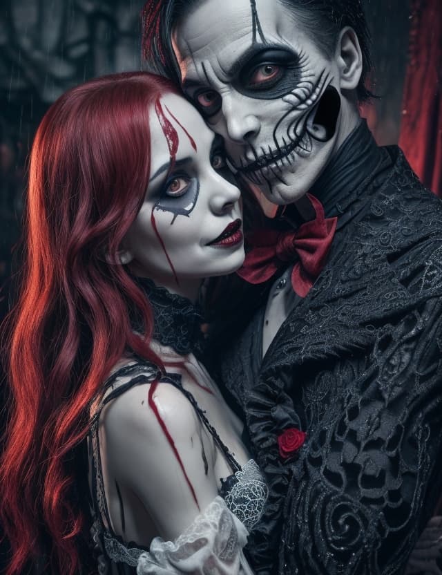 AI generated: jack skellington as a male holding sally, surreal masterpiece of a gothic love, lust, gothic enchant...