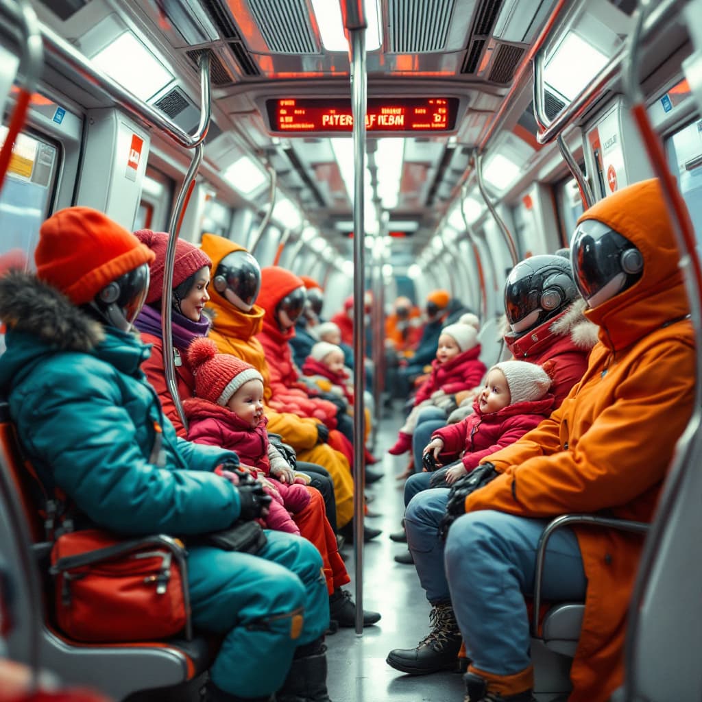 AI generated: Futuristic , highly detailed, A subway car with a very few passengers. the passengers are dressed in...