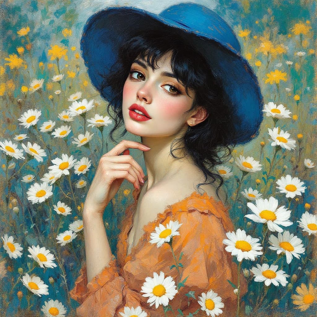 AI generated: 
Beautiful whimsical woman with black hair, blue hat and orange dress in garden with daisies in Pier...