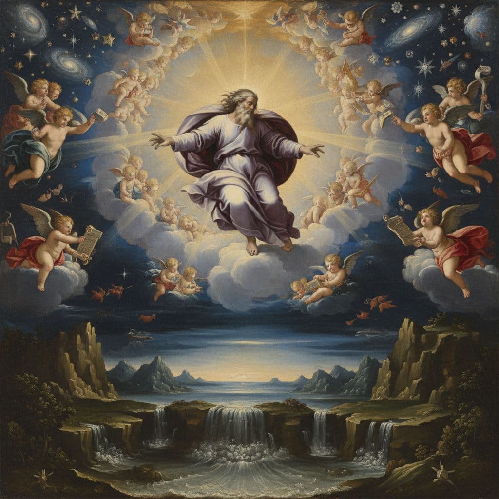 AI generated: A divine and majestic scene of creation, God forming the heavens and the earth, light separating fro...