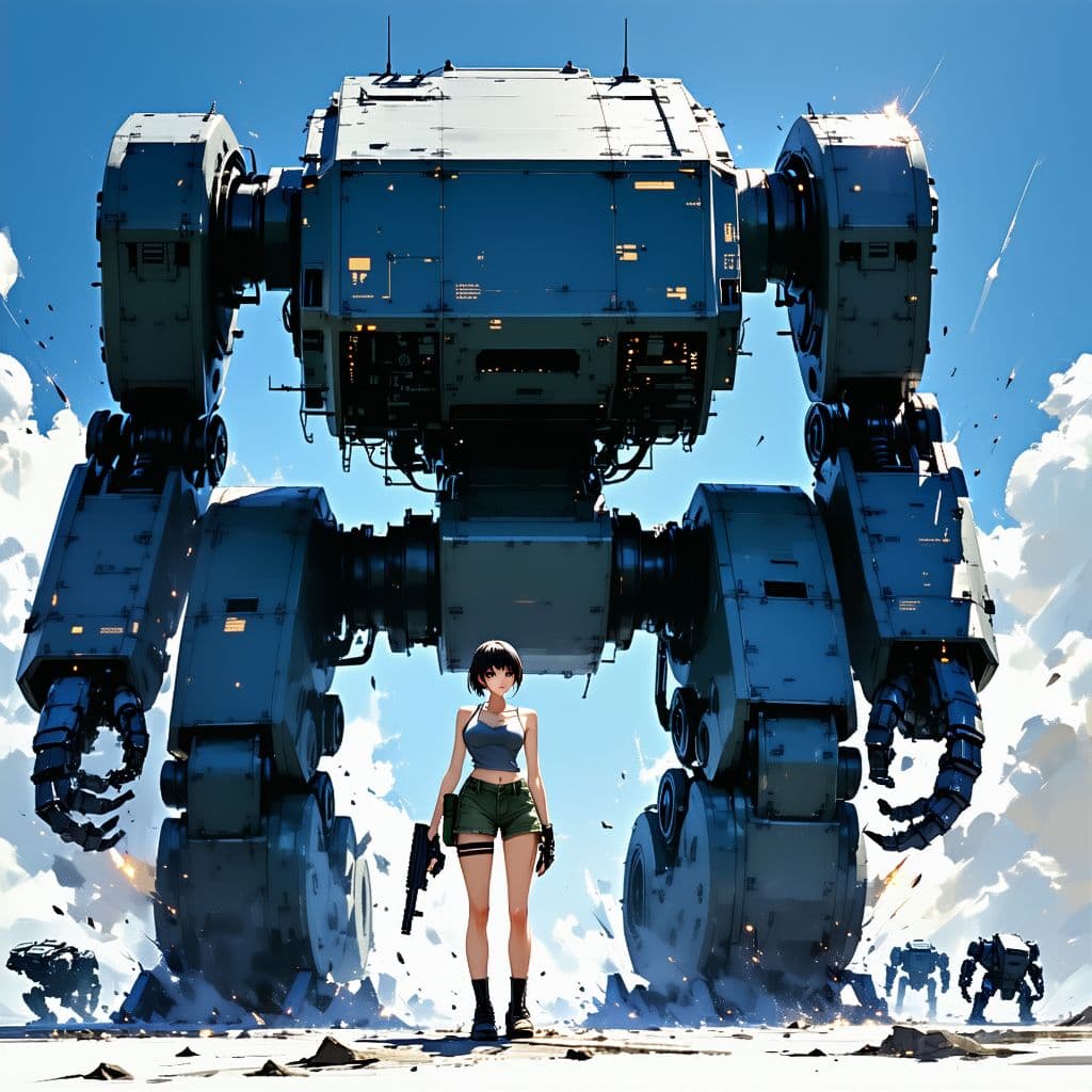 AI generated: In the style of Yoji Shinkawa, full body shot of a young beautiful European woman with gun and her l...