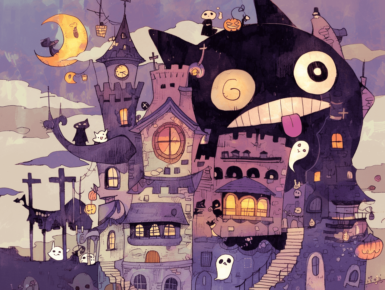 AI generated: Halloween , House of skeletons, cute, fantasy house , onepiece comic style , big round eyes , larger...