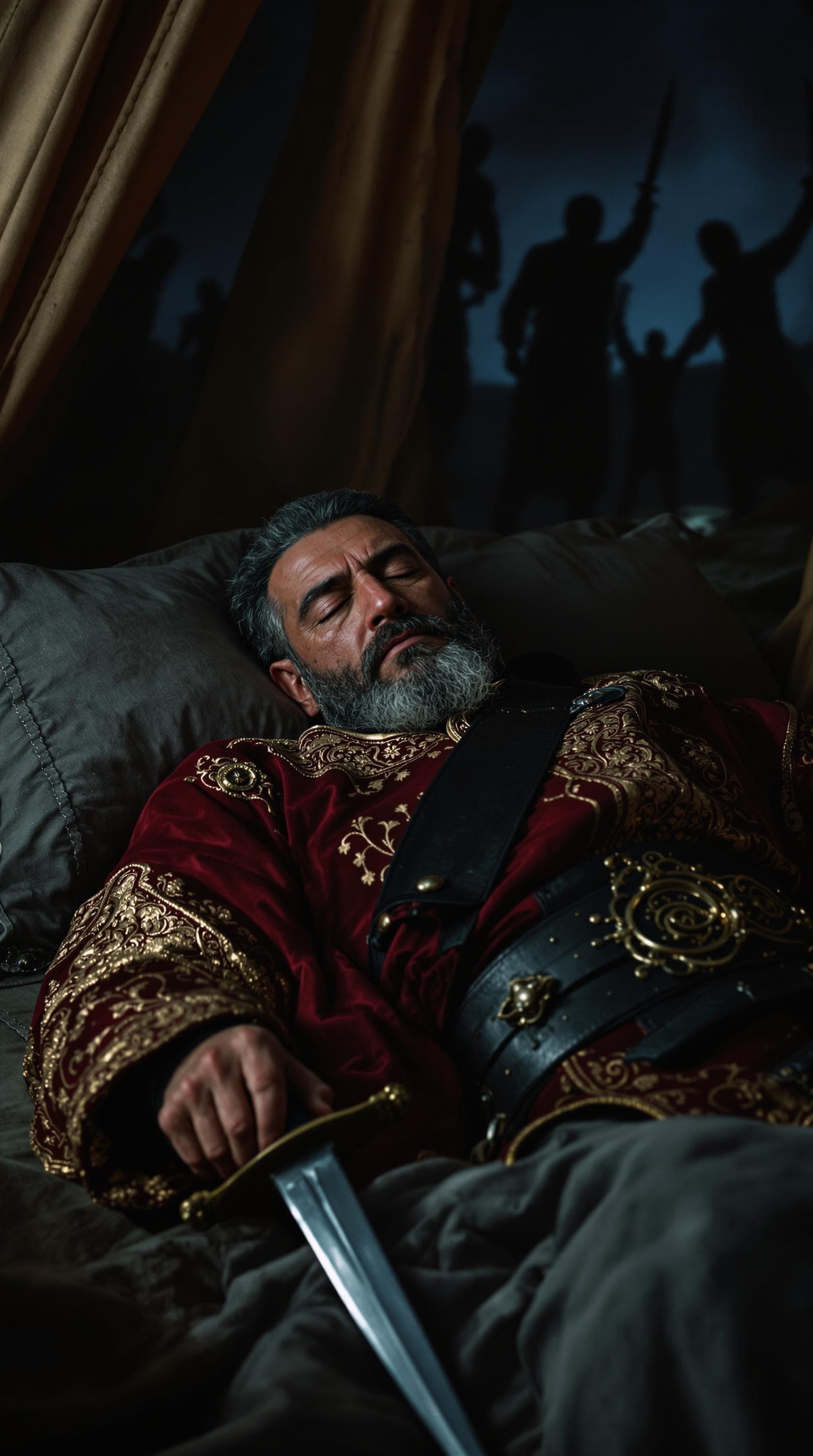 AI generated: Full shot, Nader Shah Afshar, now 60 years old, lies within a canvas tent, his face marked with the ...