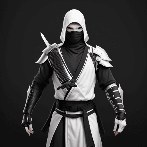 AI generated: Photo of a ultra realistic man, a future ninja in white and black, with a lot of knifes in his armor...