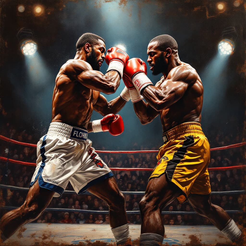 AI generated: close up acrylic oil painting virew of A high-energy boxing match taking place in a packed arena. Th...