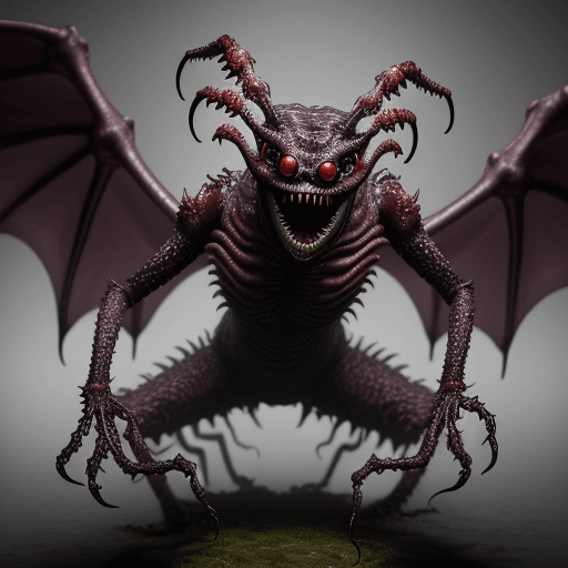 AI generated:  high quality foto of a monster, 10 legs, 3 arms, slimy, 3 grimaces with big teeth, wings, horror hi...