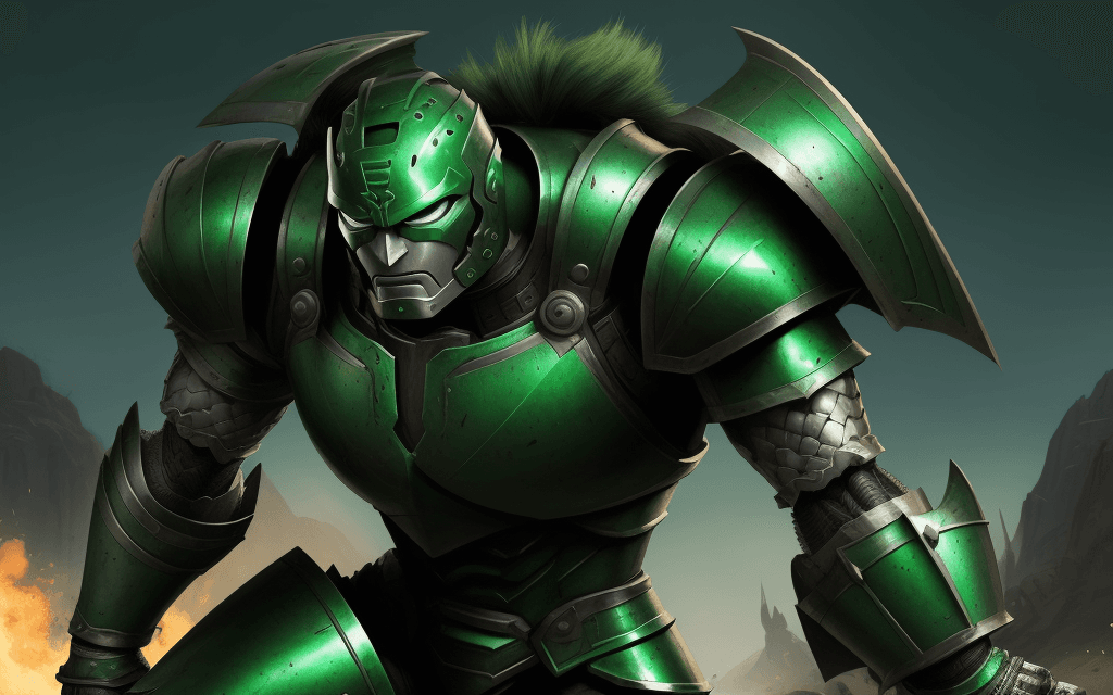 AI generated: brutal man warrior, metallic green armor, Pixar style, Disney style, move cover 
