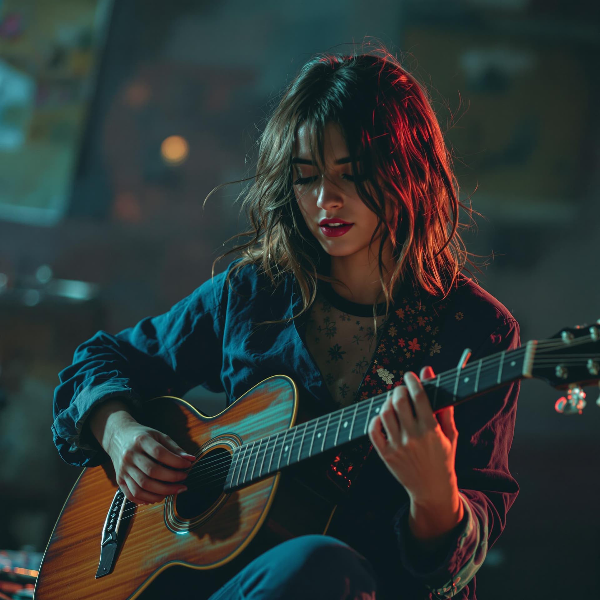 AI generated: beautiful 20 year old girl is playing guitar with passion