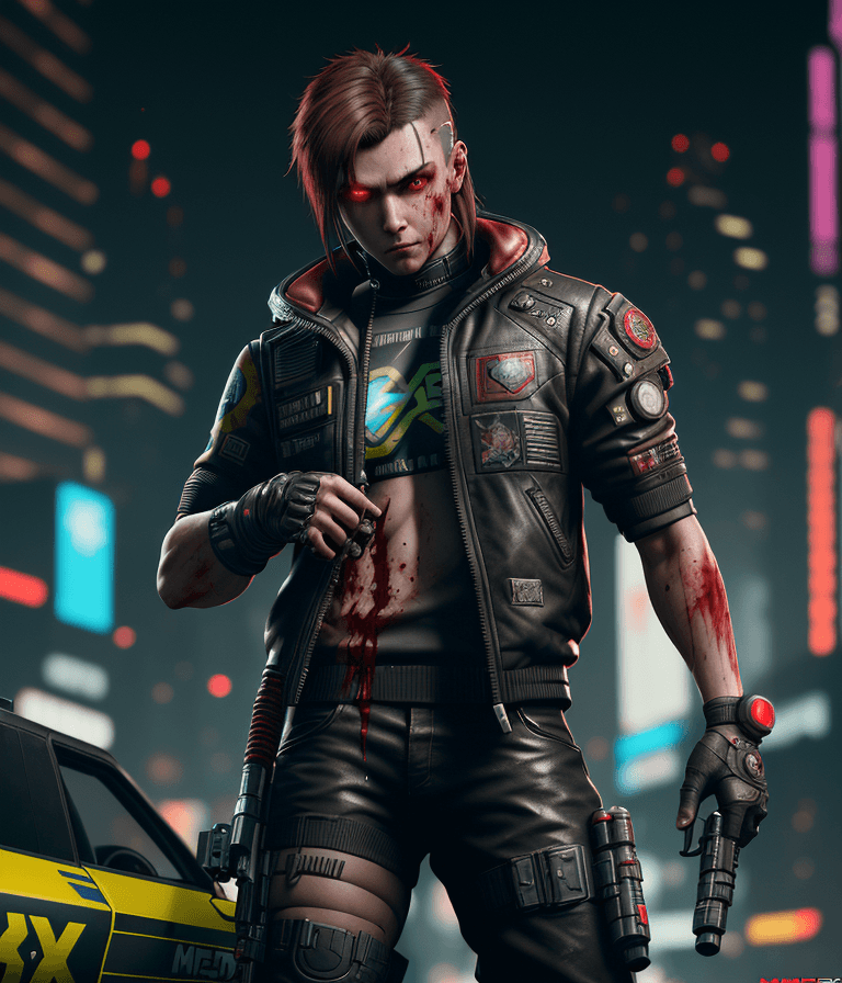 AI generated: a male protagonist of cyberpunk 2077 with a tuft, brown hair, red eyes, oily complexion, while killi...
