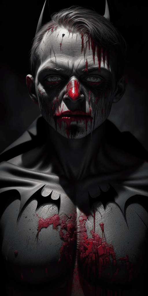 AI generated: 8k Studio Photography, work over Batman, bloody face, open flesh wounds, Scary Creepy (Grisly) Omino...
