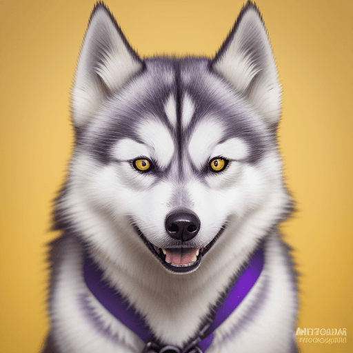 AI generated: photography, upper body, yellow hue, siberian huskey, solid purple backdrop, yellow eyes detailing, ...