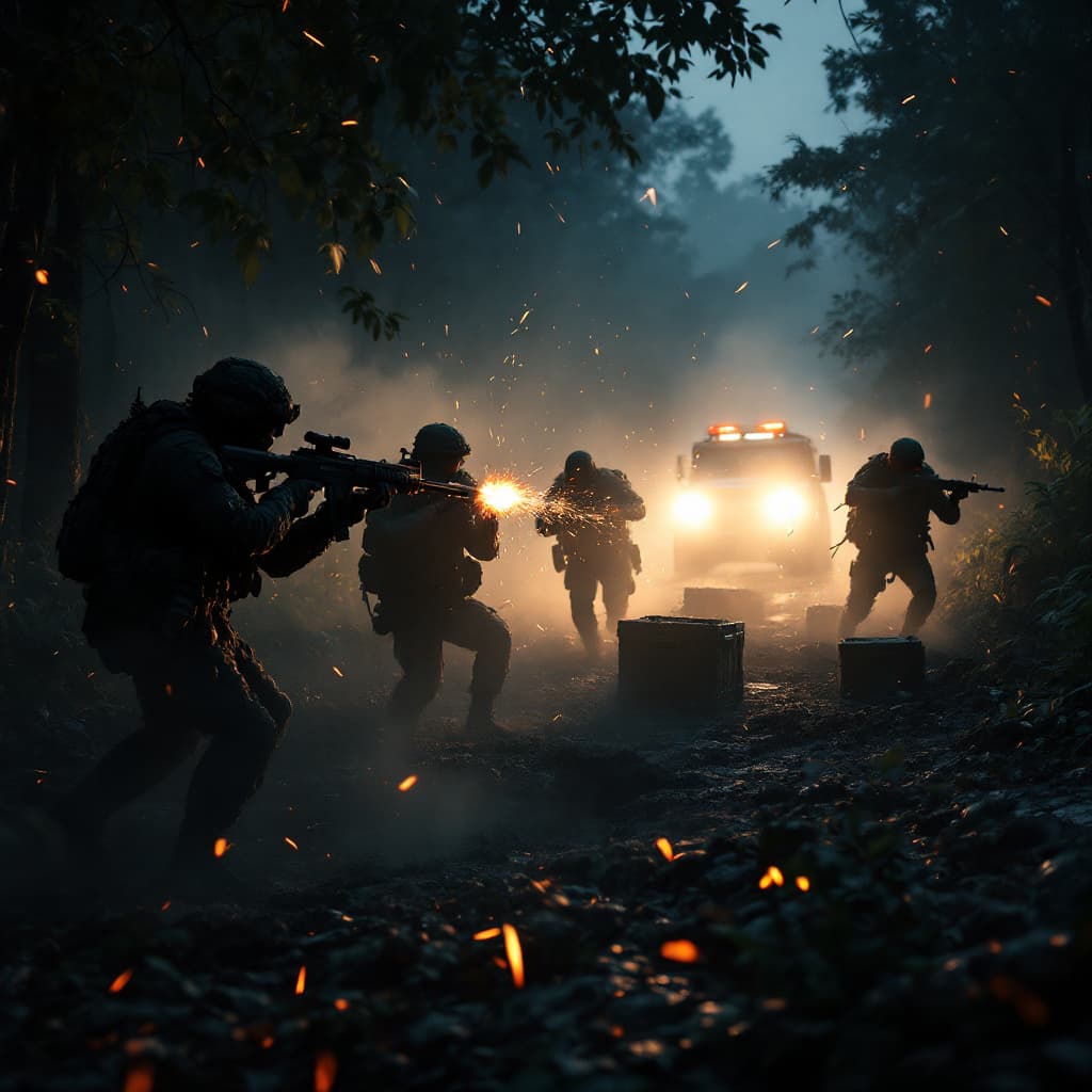 AI generated: "A dark jungle at midnight, illuminated by flashes of gunfire and muzzle flashes. Elite special forc...