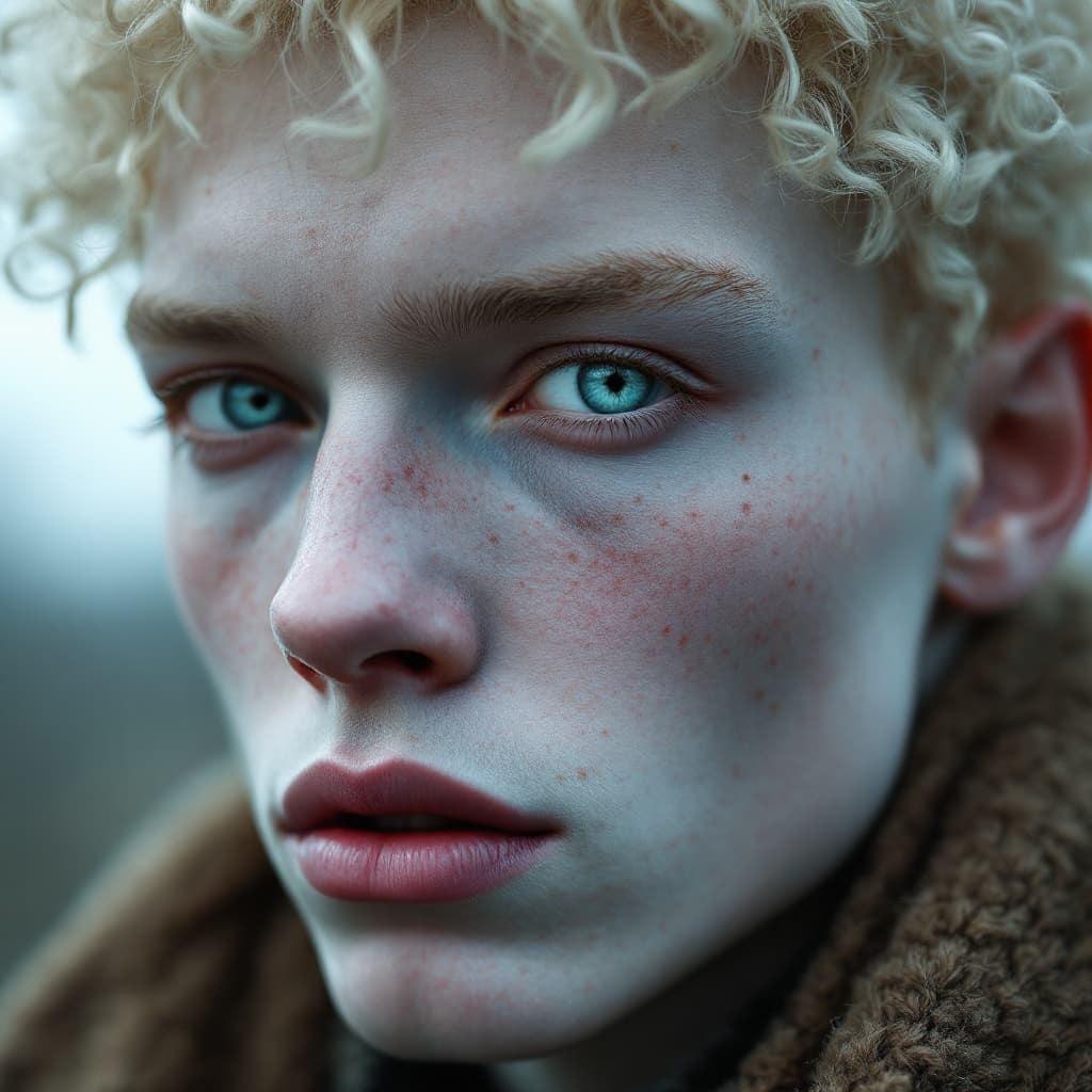 AI generated: Close-up portrait of an androgynous man with albinism, pale freckled skin, light blue eyes, platinum...