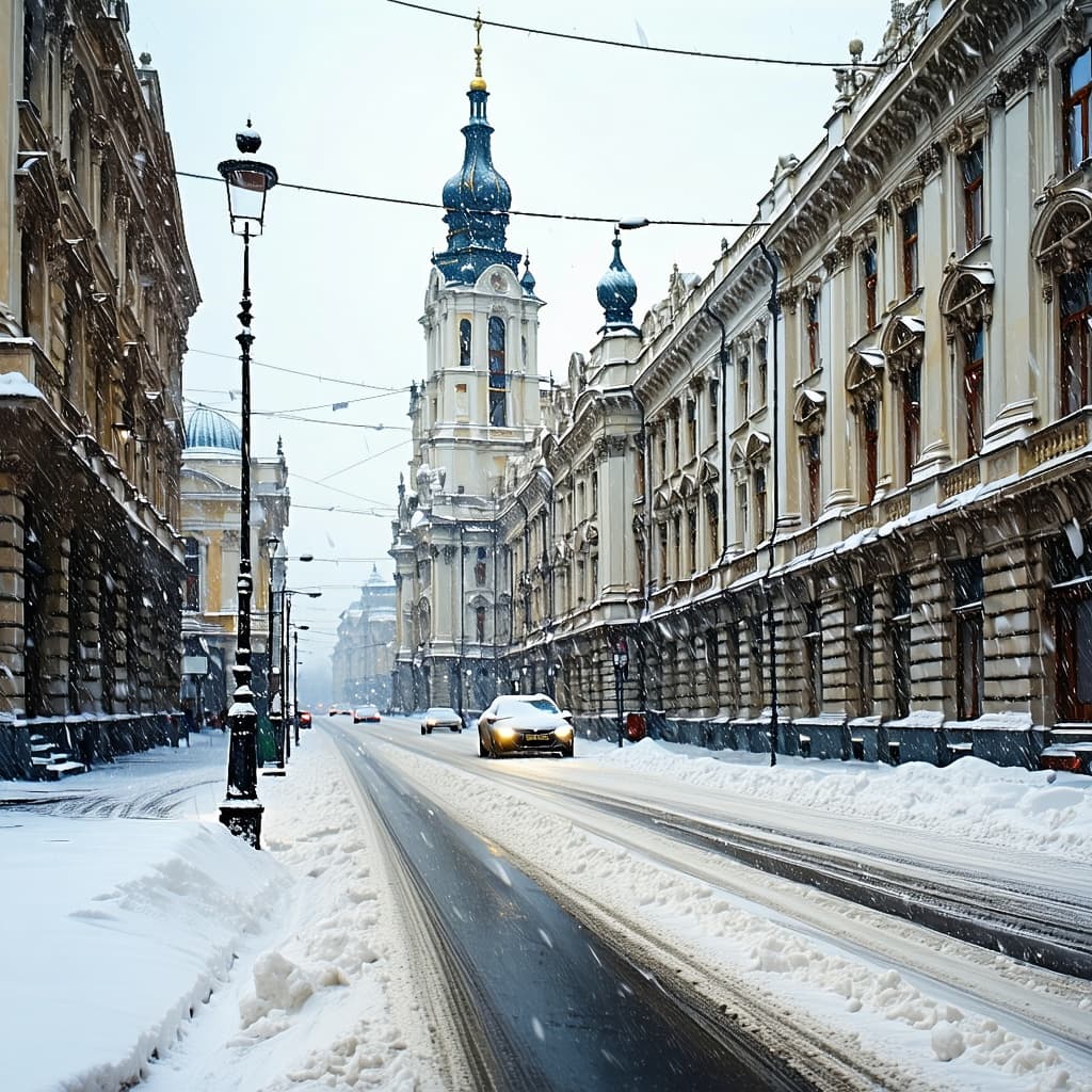 AI generated: Bucharest| street| old town| old city| winter| heavy snow| comprehensive cinematic| Atmosphere| Mast...